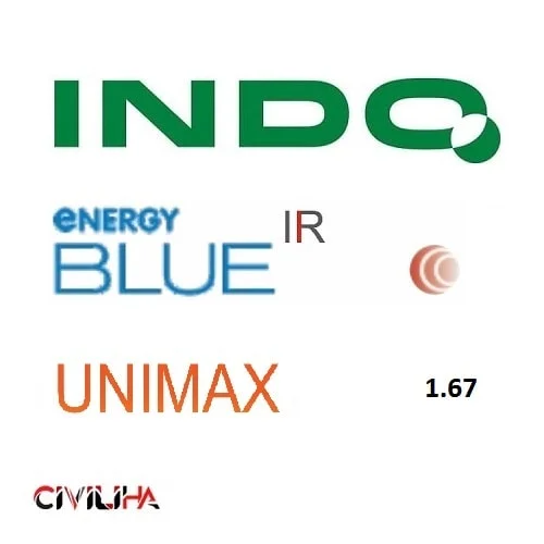 عدسی سفارشی سینگل ویژن یونی مکس ایندو با پوشش بلوکنترل 1.67 Indo Single Vision Unimax ENERGY BLUE