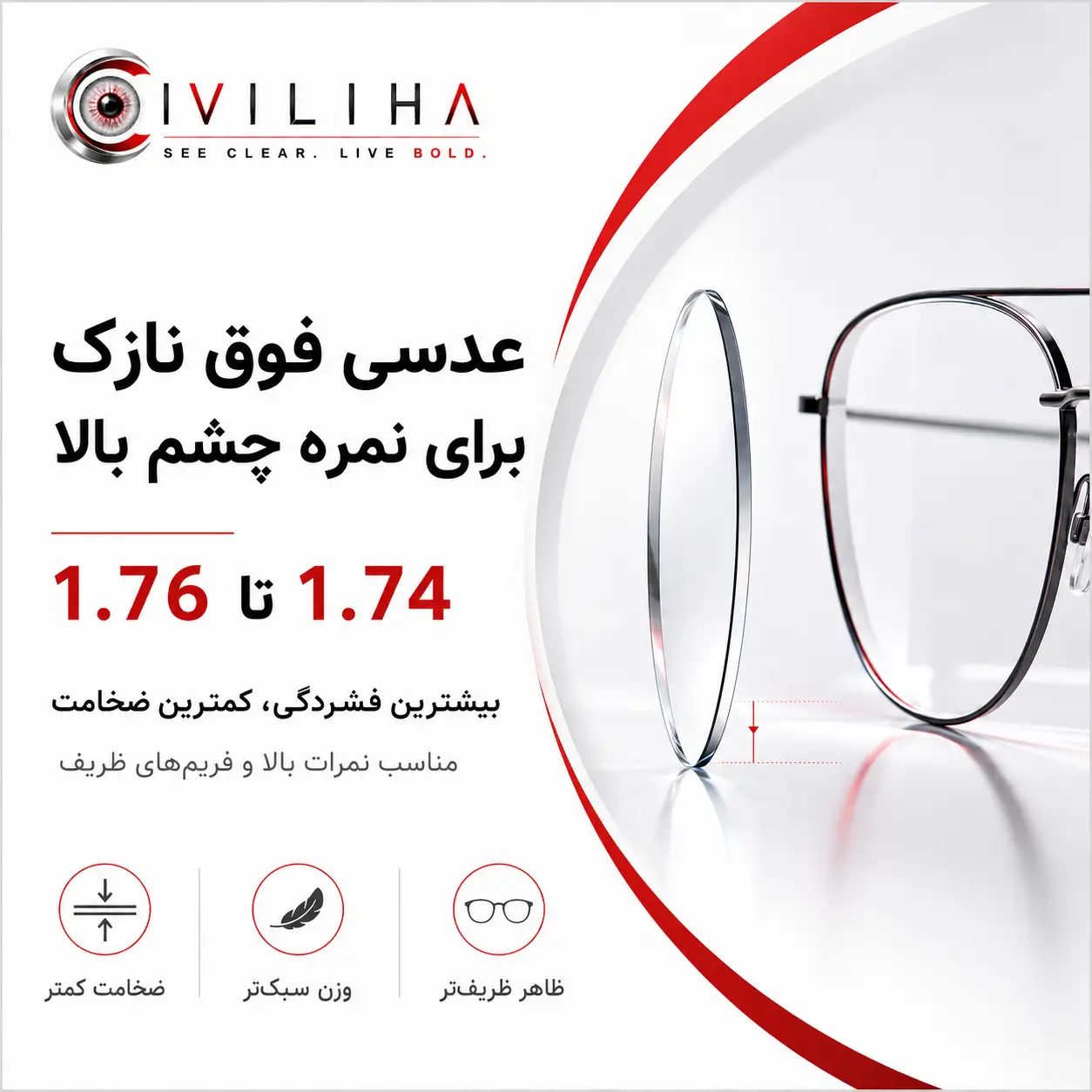 عدسی فوق نازک برای نمره چشم بالا | 1.74 تا 1.76