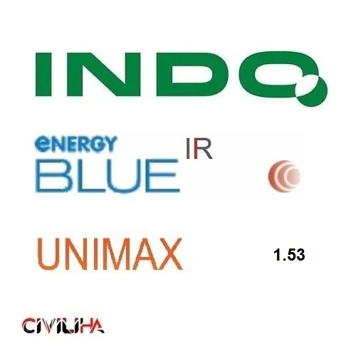 عدسی سفارشی یونی مکس نشکن ایندو با پوشش بلوکنترل و اینفرارد ضد اشعه 1.53 Indo Single Vision Unimax ENERGY BLUE + IR