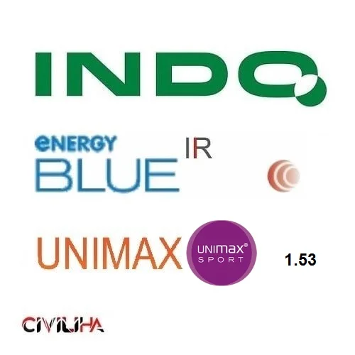 عدسی سفارشی یونی مکس اسپورت نشکن ایندو با پوشش بلوکنترل و اینفرارد ضد اشعه 1.53 Indo Single Vision Unimax Sport Unbreakable ENERGY BLUE + IR